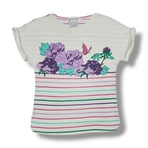 Vintage Butterfly White With Strips & Floral  Short Sleeve T Shirt Women's Small